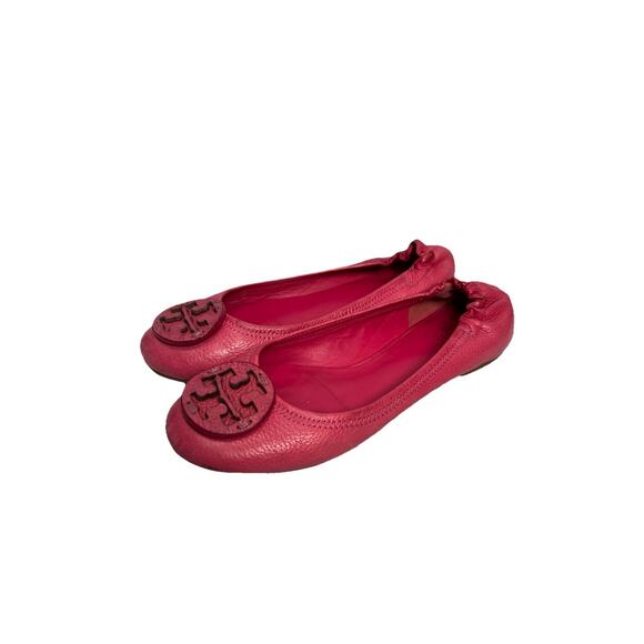Tory Burch Reva Ballet Flat Shoes Size 7M Hot Pink Leather Logo Medallion - Picture 1 of 11